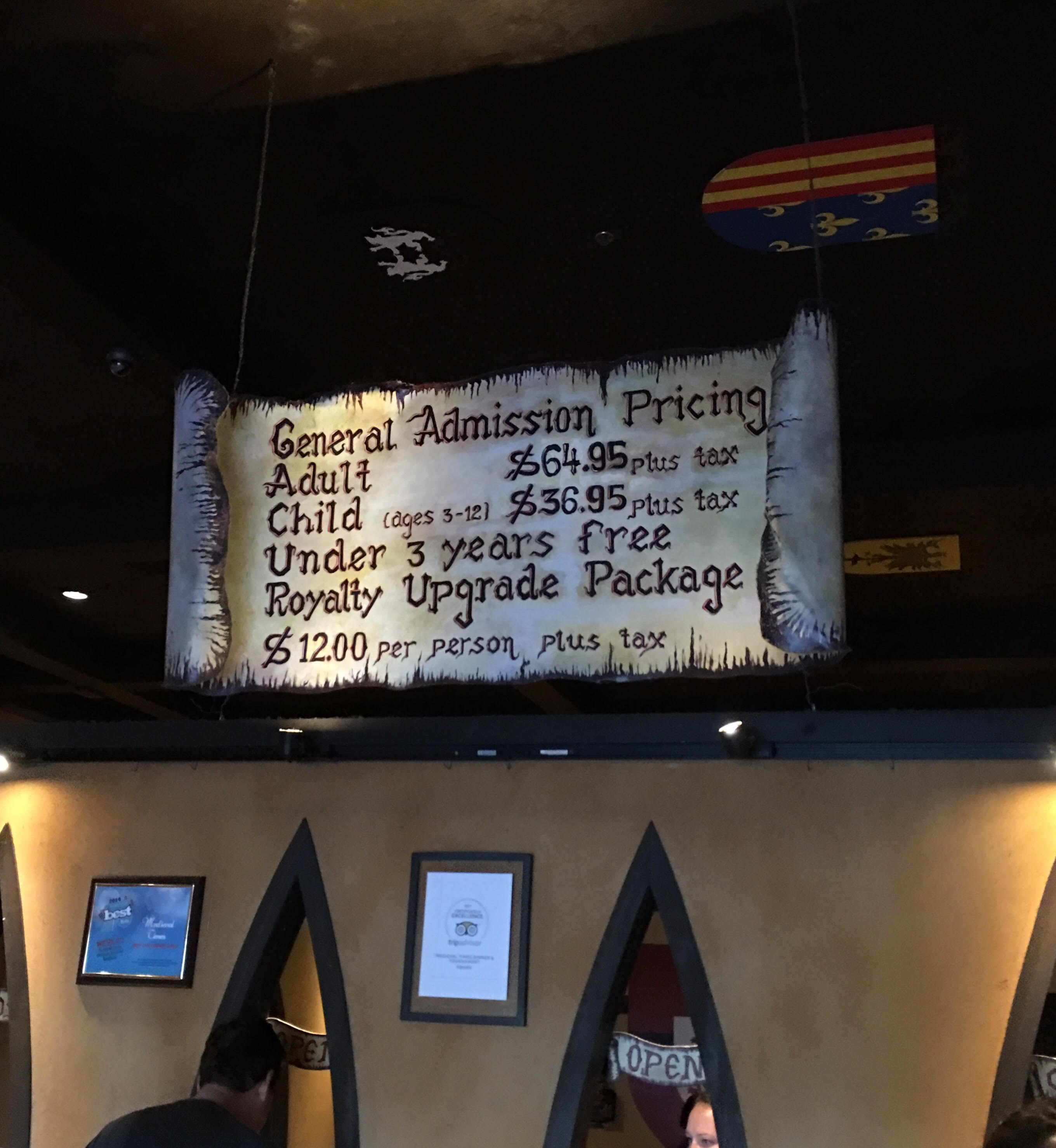 Admissions Pricing sign at Medieval Times in Orlando