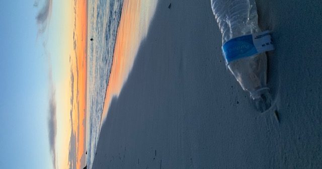 Plastic water bottle on a beach shore.