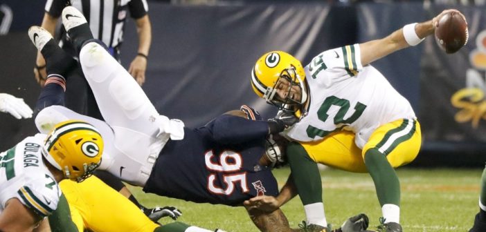 Bears’ Roy Robertson-Harris sacks quarterback Aaron Rodgers during the first half of the first NFL game of the year.