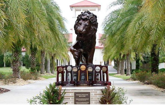 Golden lion statue on campus
