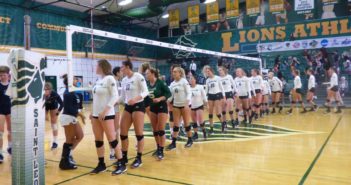 Saint Leo WVB team shaking hands with Eckerd College Tritons after defeat,