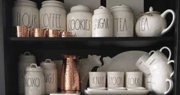 Rae Dunn Mug Collection in a shelf