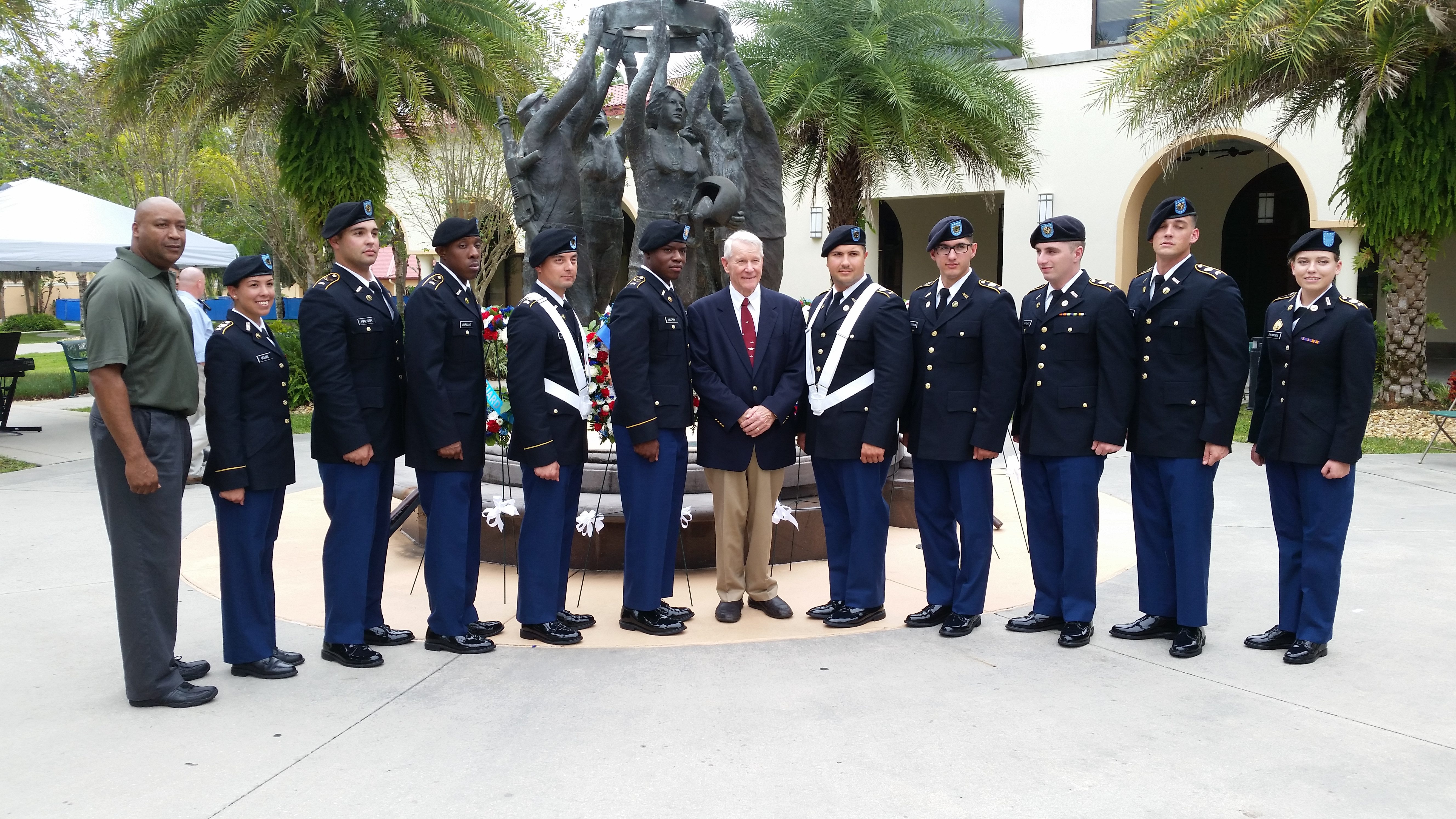 Retired Lieutenant General John LeMoyne standing with Saint Leo University's Military Students