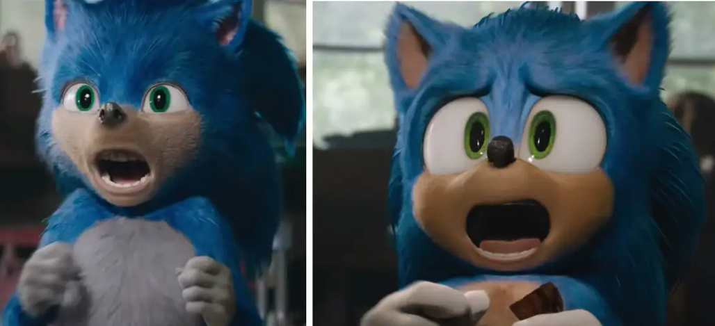 Sonic the Hedgehog, before and after comparison from the 2020 movie.