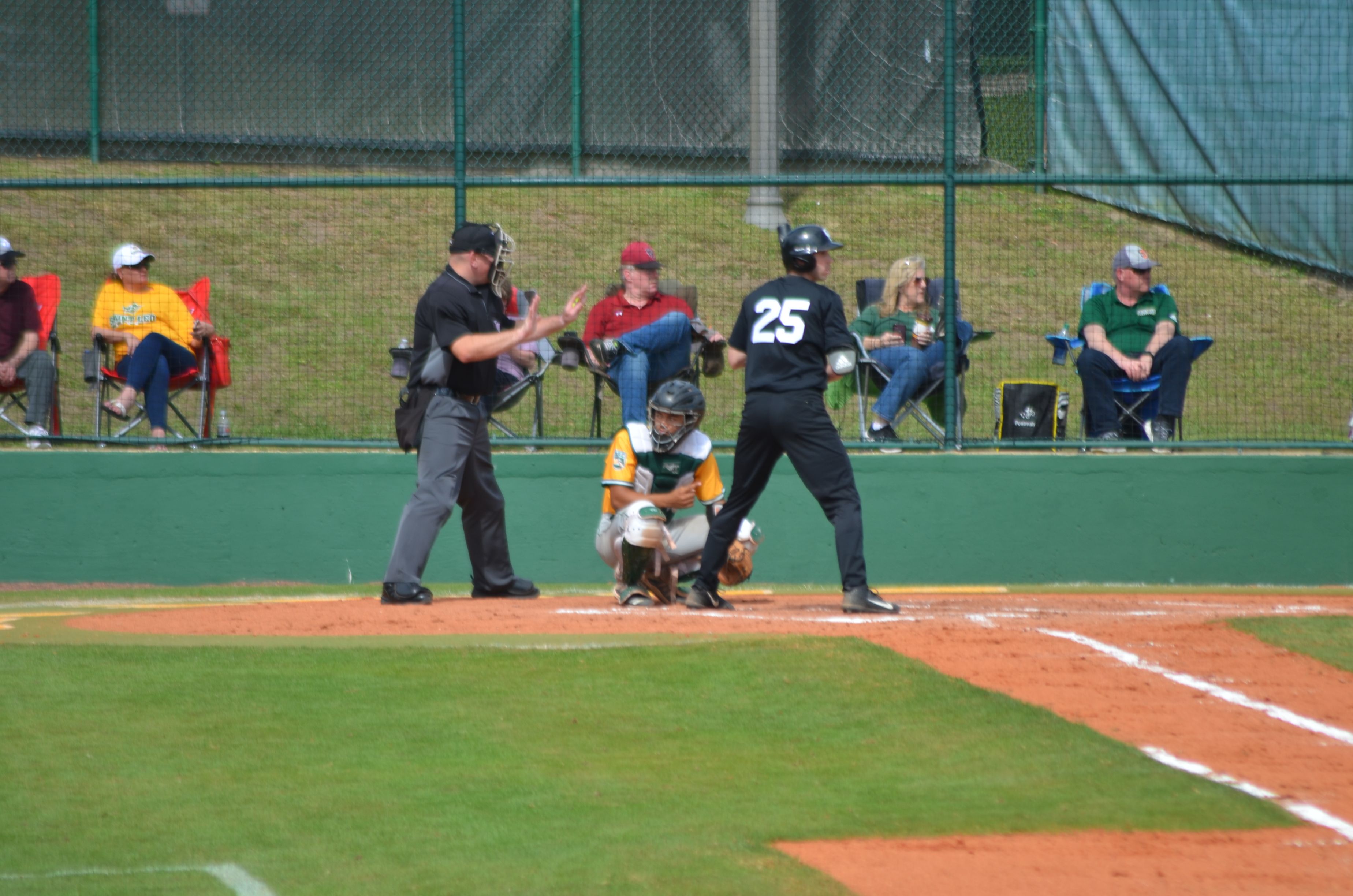 The Saint Leo catcher looks into the dugout to get the pitch call.