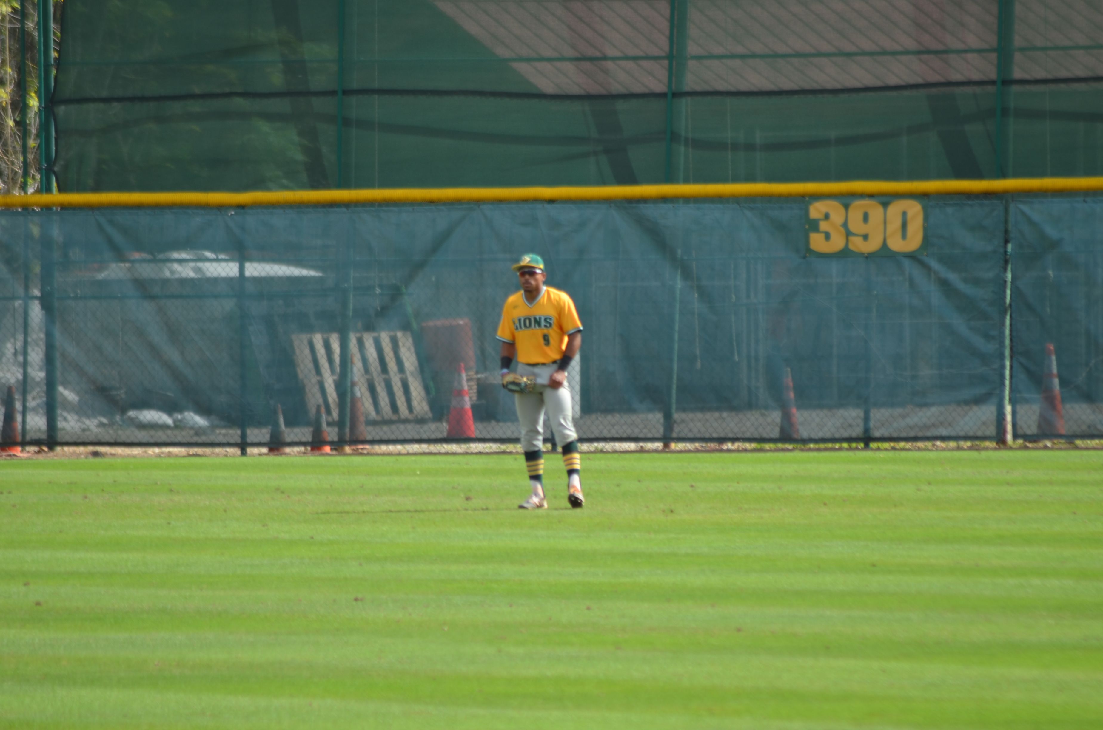 Amir Wright gets ready in the outfield.