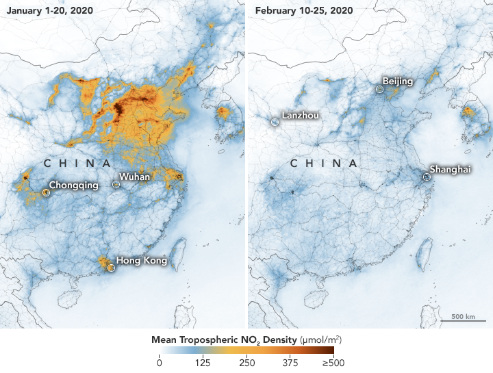 NASA satellite image comparing China’s air quality in January and March, reflecting the impact of the lockdown on air quality.