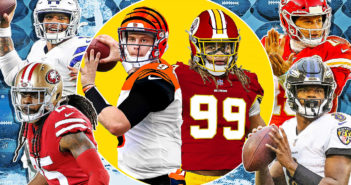 In the yellow circle are the first two picks of the previous draft, Joe Burrow (left) and Chase Young (right). Surrounding them are some of the bigger stars in the league, Dak Prescott (top left), Richard Sherman (bottom left), Patrick Mahomes (top right), and Lamar Jackson (bottom right). (Picture from ESPN.com)