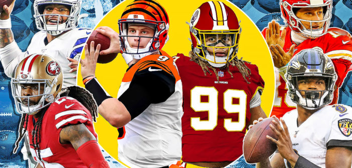 In the yellow circle are the first two picks of the previous draft, Joe Burrow (left) and Chase Young (right). Surrounding them are some of the bigger stars in the league, Dak Prescott (top left), Richard Sherman (bottom left), Patrick Mahomes (top right), and Lamar Jackson (bottom right). (Picture from ESPN.com)