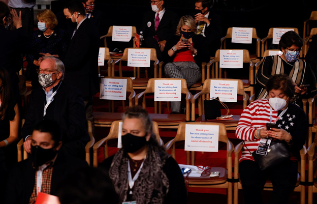 Social distancing was prioritized at the Presidential debate. Members of the audience were required to wear a mask. Source: Brian Snyder/Reuters