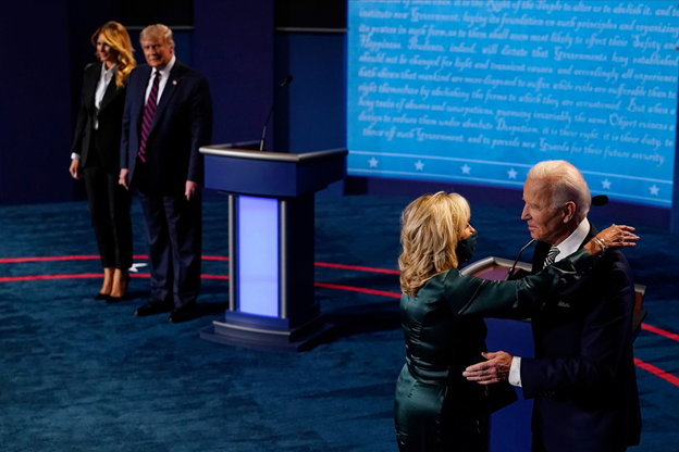 President Donald Trump and Vice President Joe Biden were joined by their wives, First Lady Melania Trump and Jill Biden at the end of the debate. Source: Morry Gash/Pool/Getty Images