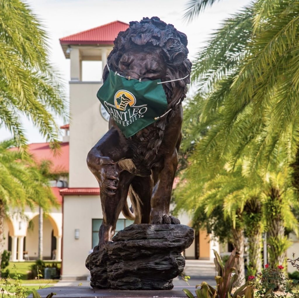 The lion statue at the front of campus is also showing off his fashion with the Saint Leo University mask. The lion reminds students to wear their masks. (Photo Credit: Saint Leo University Instagram @saintleouniv)