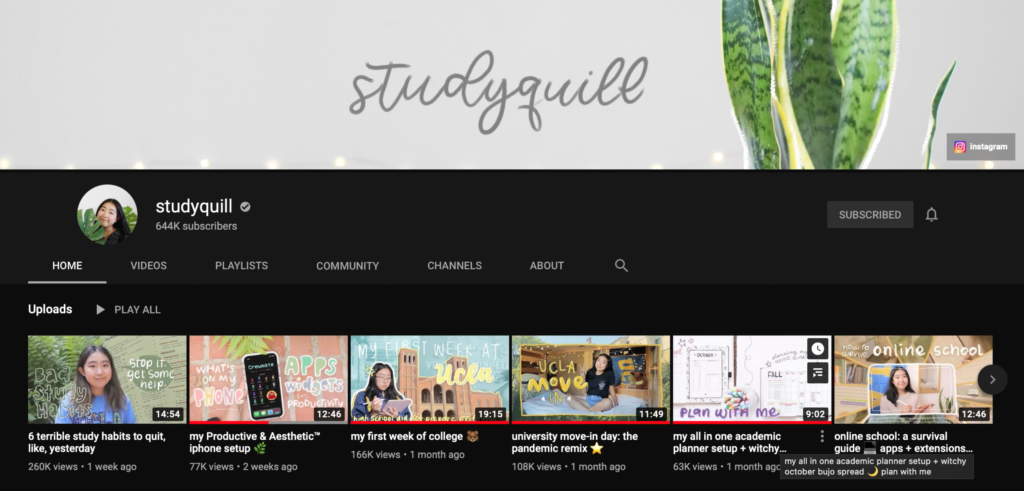 A YouTube channel run by Jasmine, who is a first-year college student that gives advice on studying productive. (Photo Credit: studyquill)