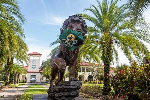 Saint Leo lion statute with a palm tree and the clocktower in the background.