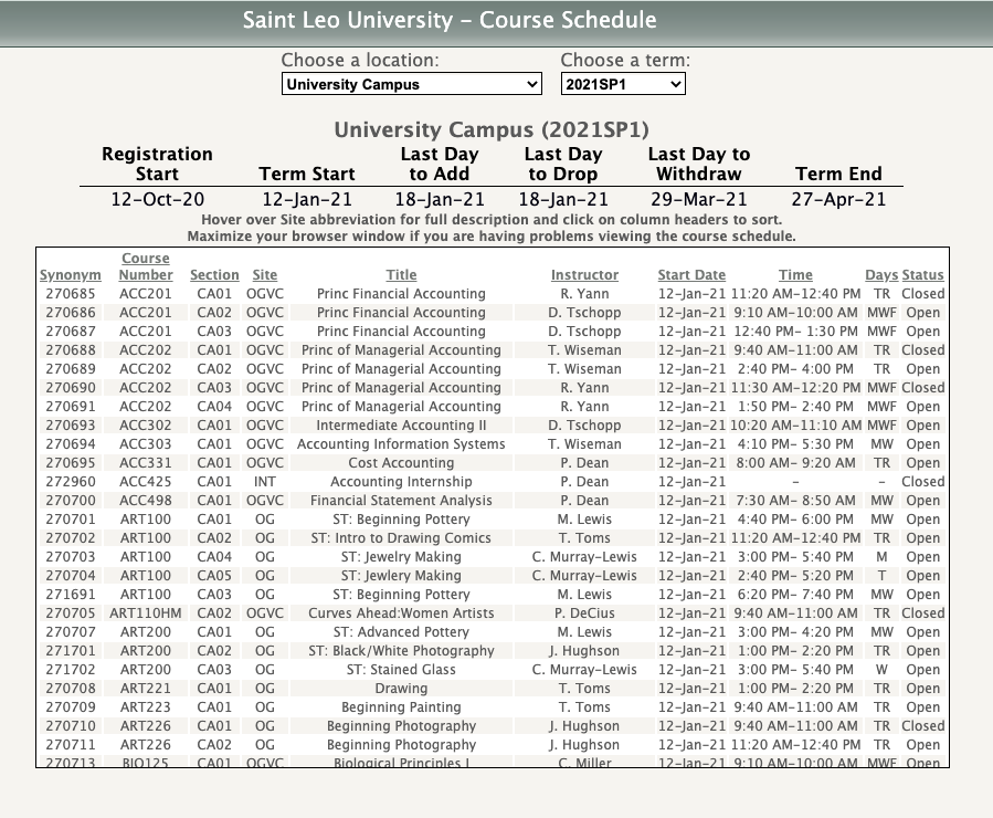 Screenshot of the Saint Leo University Courses page.