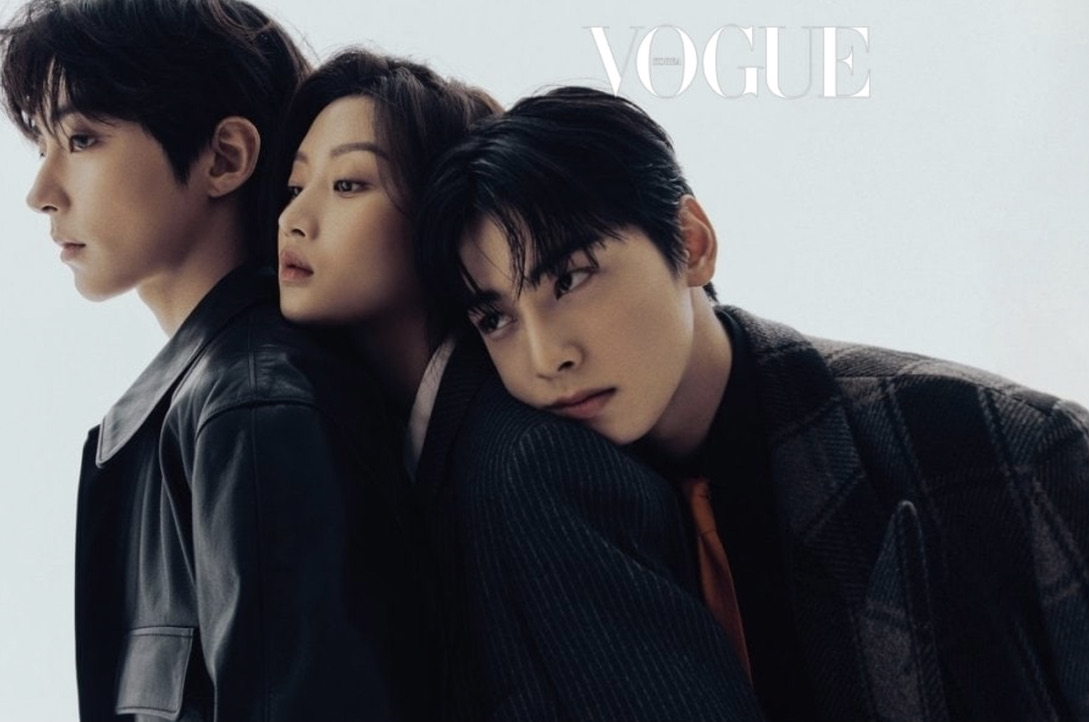 From left to right, Hawang In Yeop, Moon Ga Young, and Cha Eun Woo in a Vogue magazine graphic 