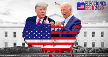 Biden and Trump graphic with flag