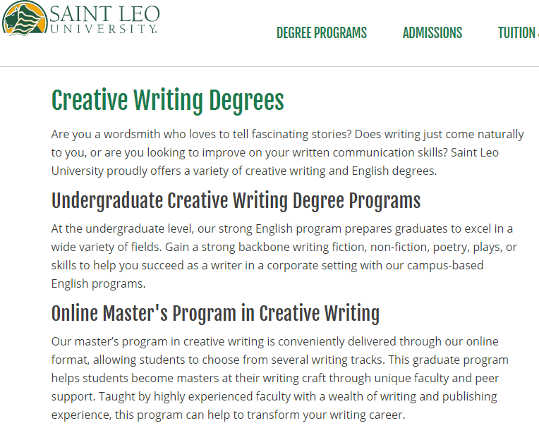 Creative Writing Major information from Saint Leo's website