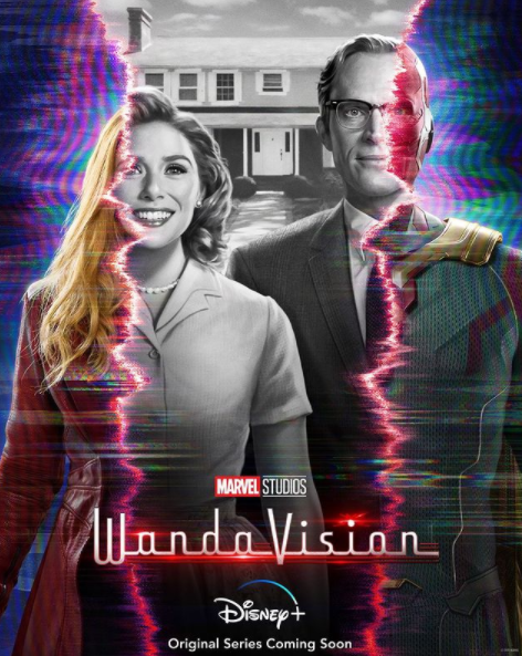 A promotional photo for WandaVision, where the titular characters shift between their modern-day and 1950s selves.