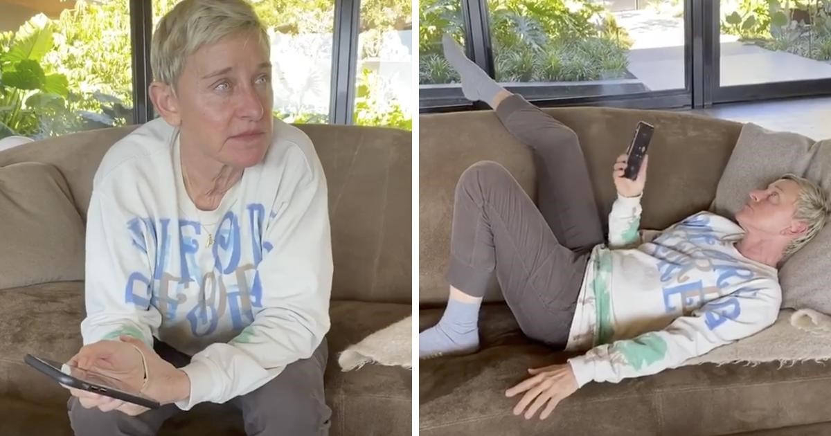 Ellen DeGeneres in quarantine on a couch