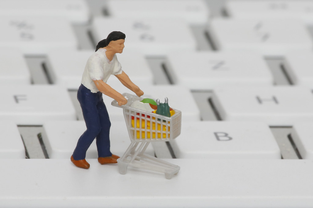 A mini figure pushing a mini shopping cart
