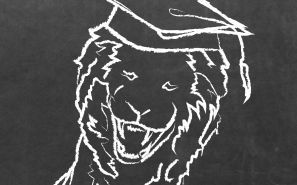 The Lion Statue with a Graduation Hat (From the front cover of the April Print edition)