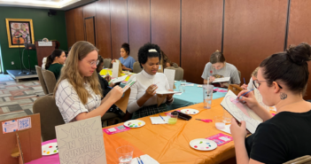 Ryn Williams, a senior majoring in English and medical humanities, and Khamille Labbe, a senior majoring in English, enjoyed the painting activities.